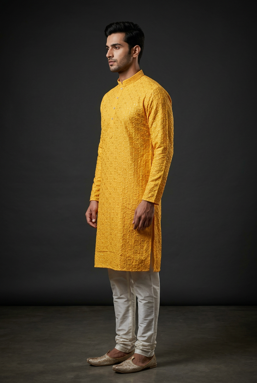 Men's Luxurious Lakhnavi Kurta - Elegant, Handcrafted Ethnic Ensemble - AI Model Photo 2