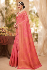 Peach Cotton Shimmer Saree with Stone Work and Designer Grand Pallu