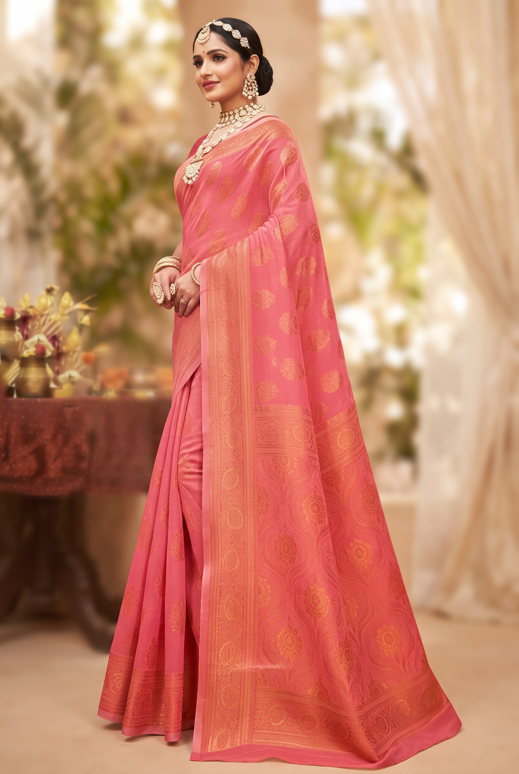 Peach Cotton Shimmer Saree with Stone Work and Designer Grand Pallu