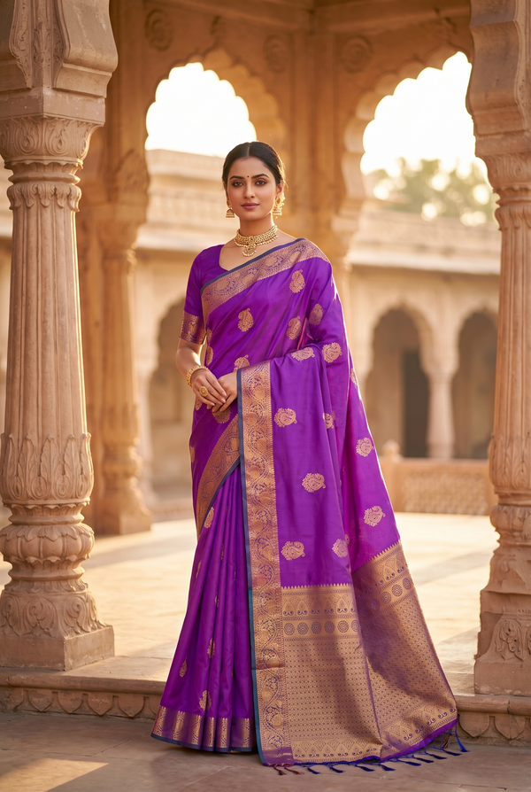 Purple Semi Soft Silk Saree with Delicate Gold Zari Buttas and Floral Border Blouse