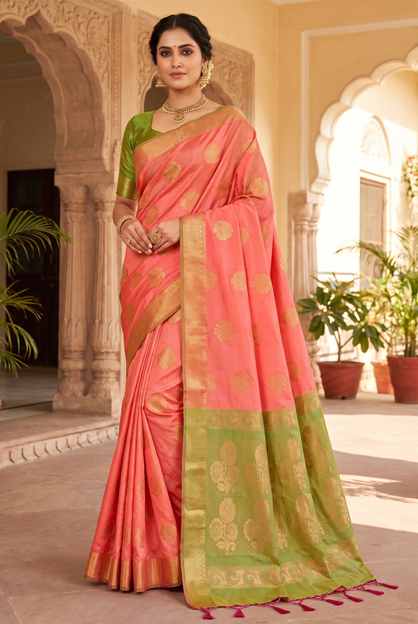 Coral Semi Soft Silk Saree with Delicate Gold Zari Buttas and Floral Border, Saree for Women