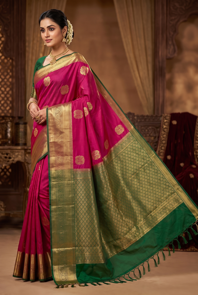 Pure Silk Saree with Heavy Pallu Border and Blouse Piece, Traditional Weave, 5.5 Meters