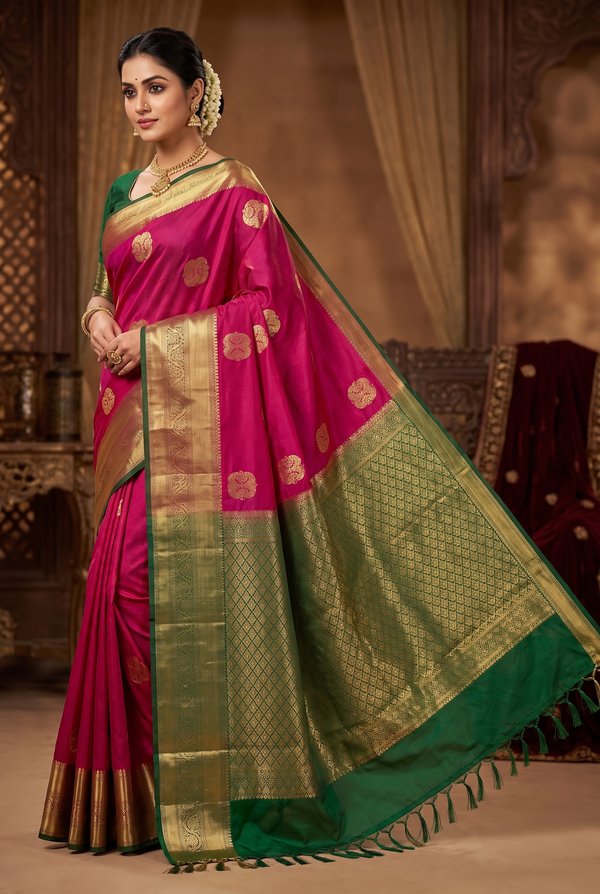 Pure Silk Saree with Heavy Pallu Border and Blouse Piece, Traditional Weave, 5.5 Meters