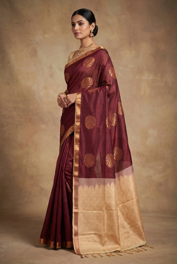Maroon Semi Soft Silk Saree with Contrast Border, Delicate Gold Zari Buttas and Traditional Floral Border