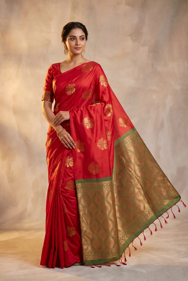 Red Semi Soft Silk Saree with Gold Zari Buttas and Floral Border, Blouse Included