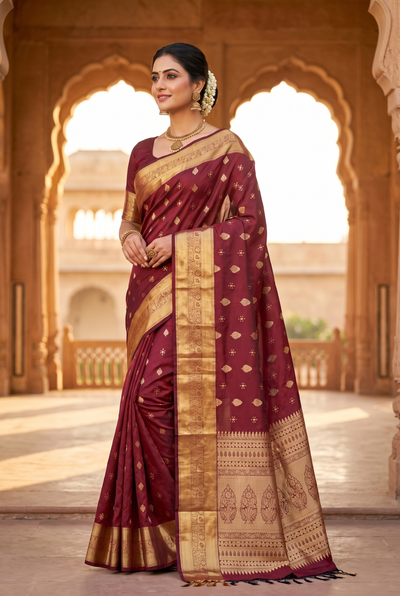 Pure Silk Saree with Heavy Pallu and Contrast Border, Maroon & Gold, with Blouse Piece