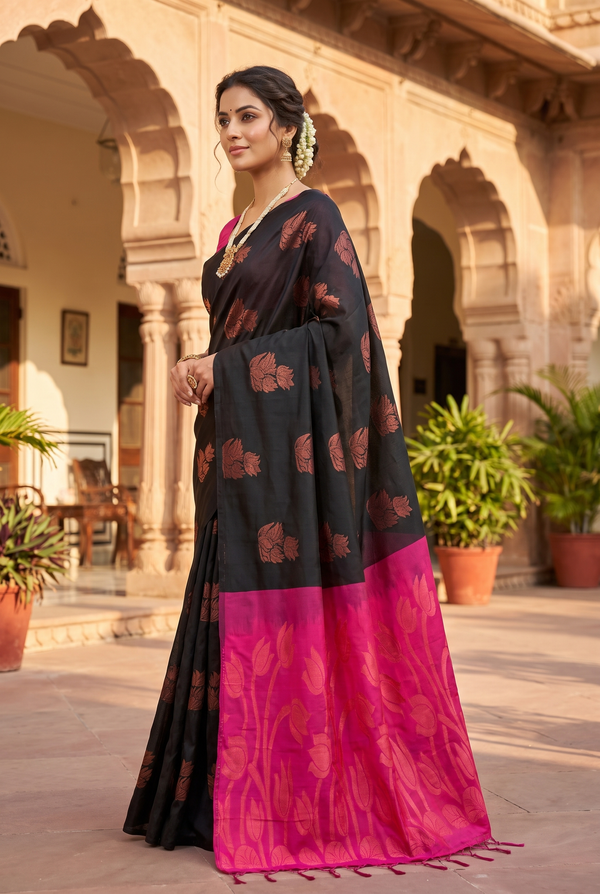 Black Semi Soft Silk Saree with Contrast Border, Delicate Gold Zari Buttas and Traditional Floral Zari Border