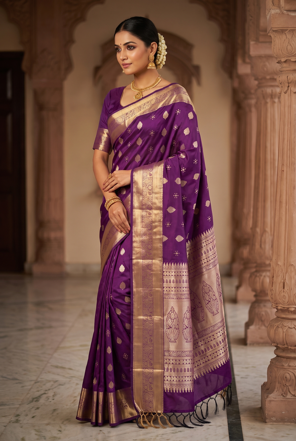 Purple Pure Silk Saree with Heavy Pallu and Traditional Border with Blouse Piece