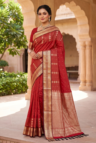 Maroon Pure Silk Saree with Heavy Pallu and Border and Contrast Gold Toned Weave