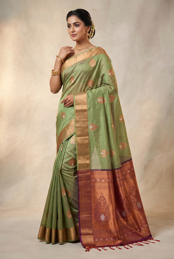 Pista Green Semi Soft Silk Saree with Gold Zari Buttas and Traditional Floral Border for Women