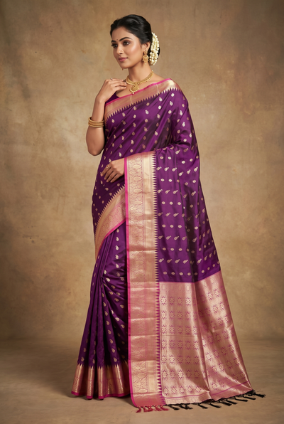 Pure Silk Saree with Heavy Pallu Border, Wine Purple and Rose Gold Contrast, Saree with Blouse Piece