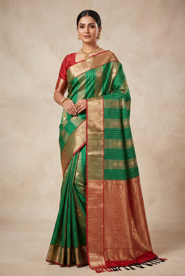 Green Pure Silk Saree with Heavy Zari Pallu and Border, Silk Mark Certificate, with Blouse Piece