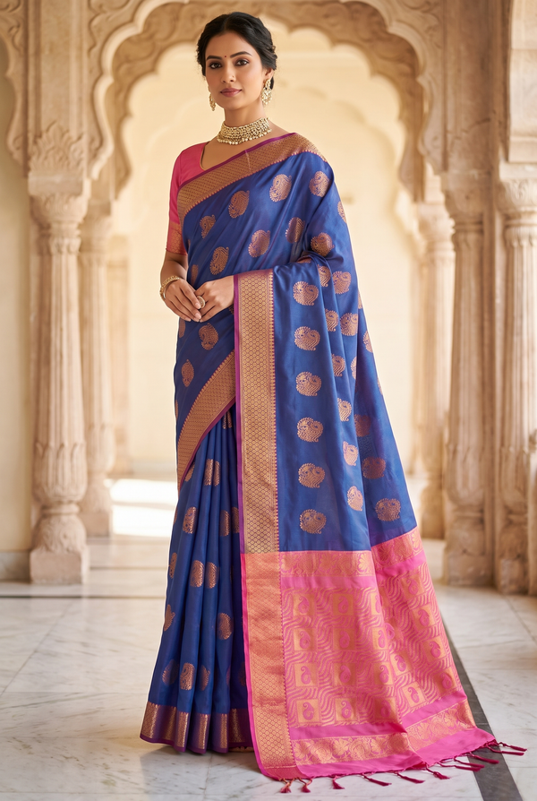 Navy Blue Semi Soft Silk Saree with Delicate Gold Zari Buttas and Floral Border
