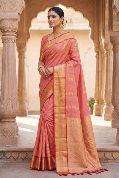 Peach Pure Silk Saree with Heavy Pallu and Gold Border, Silk Mark Certificate, with Blouse Piece
