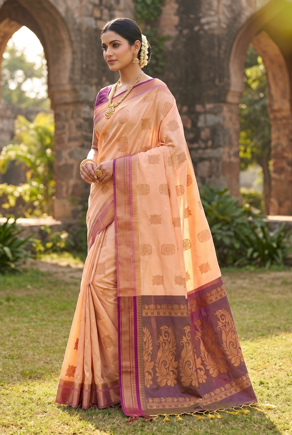 Sandal Semi Soft Silk Saree with Contrast Border Gold Zari Buttas and Floral Border, Traditional Wedding Wear Saree