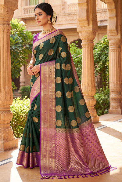 Bottle Green Pure Silk Saree with Heavy Pallu & Border and Silk Mark Certificate