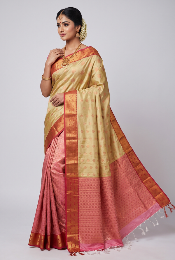 Gold Semi Soft Silk Saree with Delicate Zari Buttas and Traditional Floral Border with Blouse