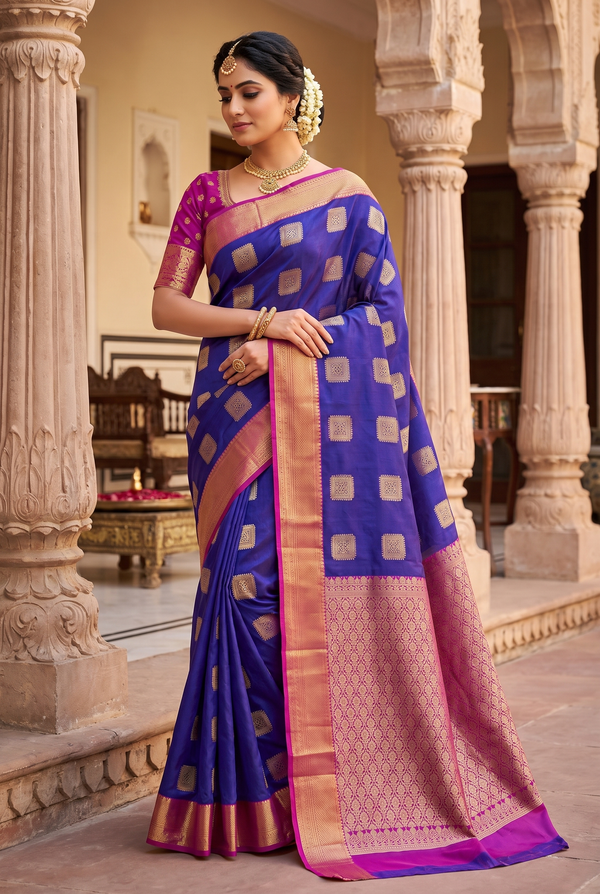 Navy Blue Semi Soft Silk Saree with Delicate Gold Zari Buttas and Floral Border, Traditional Temple Look