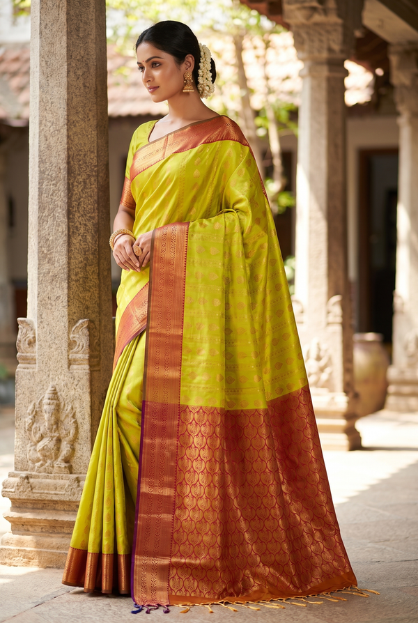 Orange Semi Soft Silk Saree with Delicate Gold Zari Buttas and Floral Border