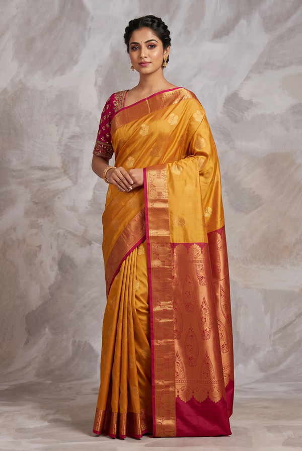 Mustard Border Semi Soft Silk Saree with Delicate Gold Zari Buttas and Traditional Floral Border