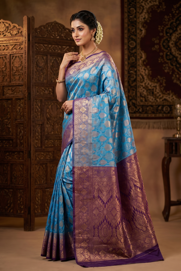 Blue Floral Soft Silk Designer Saree with Blouse, Soft Silk Fabric, Traditional Woven Border