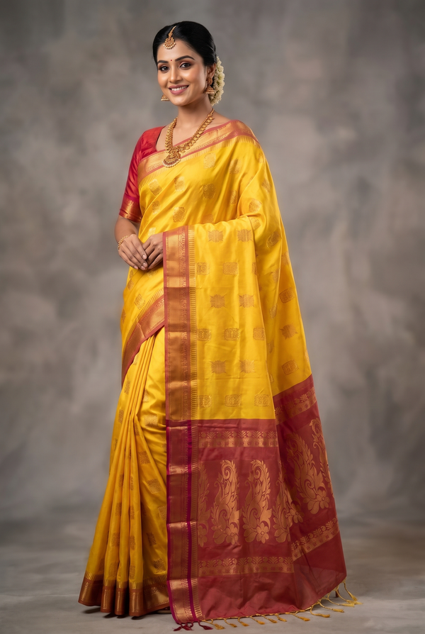 Yellow Semi Soft Silk Saree with Contrast Border, Gold Zari Buttas & Traditional Floral Border, with Blouse