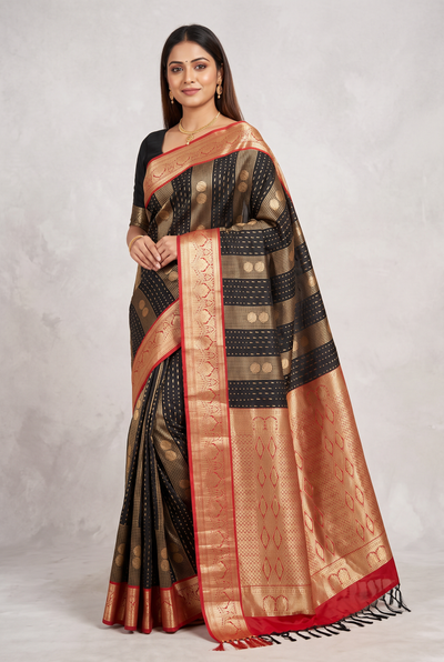 Pure Silk Saree with Heavy Pallu and Border, Silk Mark Included Saree with Blouse Piece