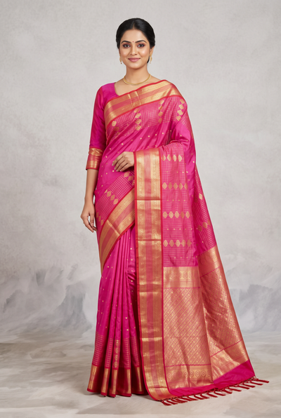 Pink Pure Silk Saree with Heavy Pallu Border and Blouse Piece | Traditional Ethnic Wear for Women