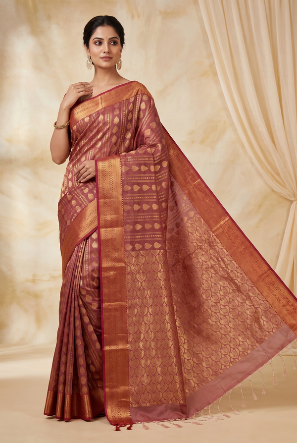 Onion Pink Semi Soft Silk Saree with Gold Zari Buttas and Traditional Floral Border