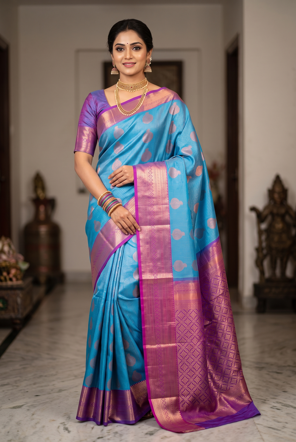 Blue Bridal Kanjivaram Style Pattu Saree with Full Body Zari Work and Contrast Border