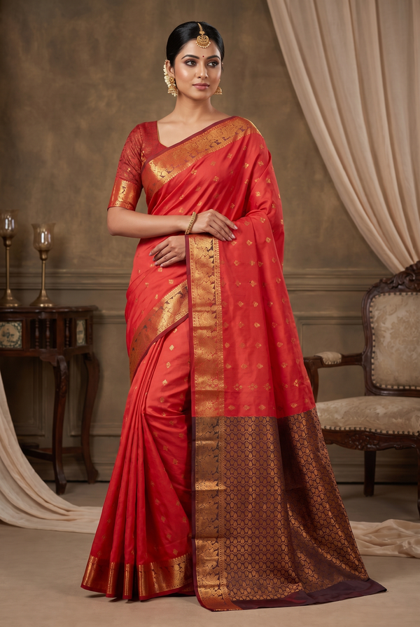 Red Semi Soft Silk Saree with Contrast Border, Delicate Gold Zari Buttas, Traditional Floral Zari Border