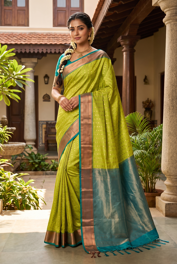 Parrot Green Semi Soft Silk Saree with Gold Zari Buttas and Traditional Floral Border