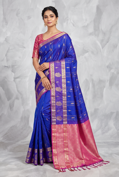 Purple Pure Silk Saree with Heavy Pallu Border and Blouse Piece