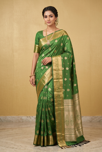 Green Pure Silk Saree with Heavy Pallu Border and Traditional Blouse Piece