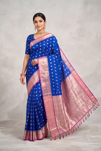 Purple Pure Silk Saree with Heavy Pallu Border and Contrast Blouse Piece, Wedding Wear Traditional Party Saree