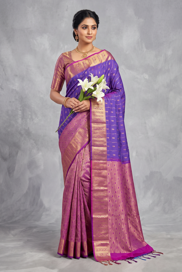 Royal Blue Semi Soft Silk Saree with Contrast Border, Gold Zari Buttas and Traditional Floral Border