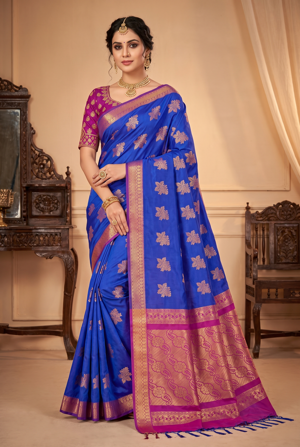 Royal Blue Semi Soft Silk Saree with Contrast Border, Delicate Gold Zari Buttas and Floral Traditional Border