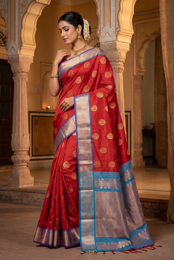 Red Semi Soft Silk Saree with Delicate Gold Zari Buttas and Traditional Floral Border