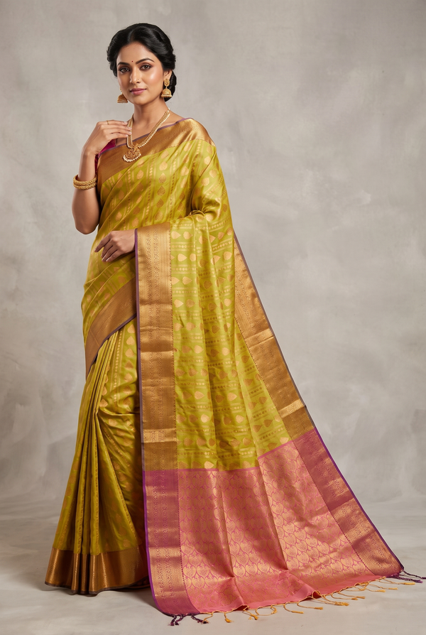 Mustard Semi Soft Silk Saree with Contrast Border, Delicate Gold Zari Buttas and Floral Zari Border