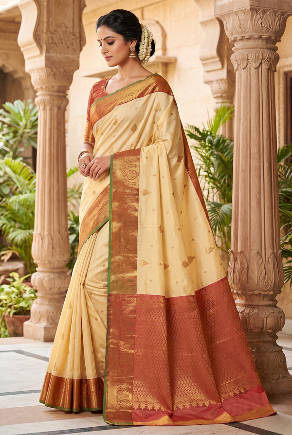 Cream Semi Soft Silk Saree with Delicate Gold Zari Buttas and Traditional Floral Border with Blouse
