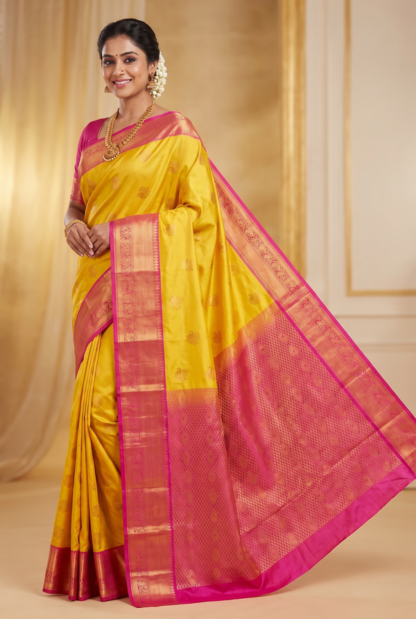 Yellow Semi Soft Silk Saree with Delicate Gold Zari Buttas and Floral Border