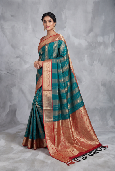Teal Blue Pure Silk Saree with Heavy Pallu Border and Contrast Blouse Piece