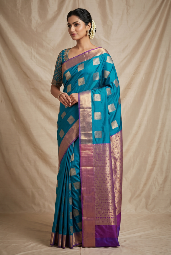 Peacock Blue Semi Soft Silk Saree with Gold Zari Buttas and Traditional Floral Border