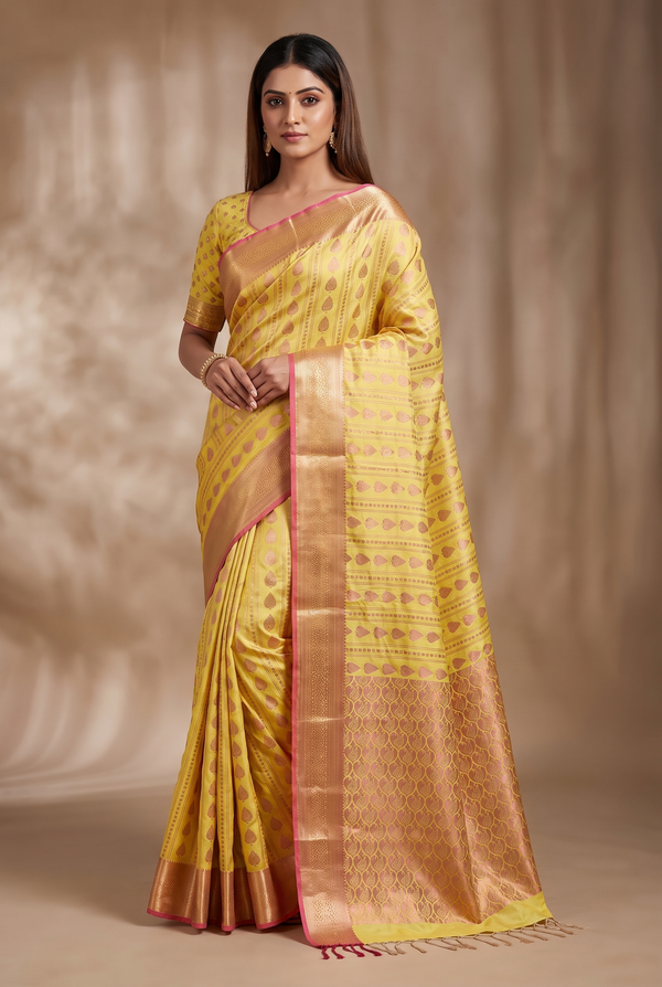 Yellow Semi Soft Silk Saree with Contrast Border, Delicate Gold Zari Buttas and Traditional Floral Zari Border