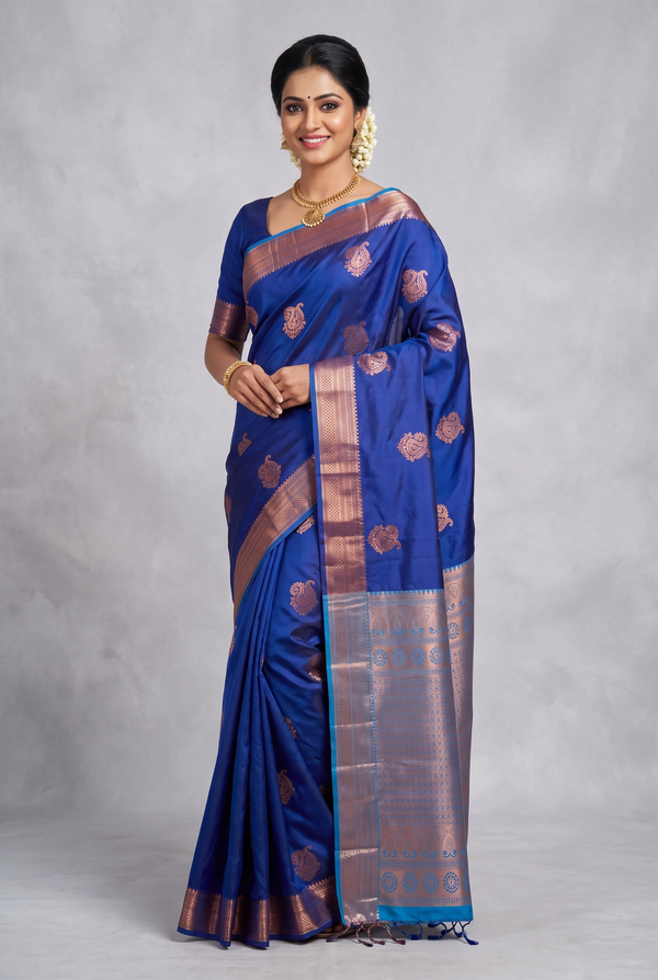 Royal Blue Semi Soft Silk Saree with Contrast Border, Delicate Gold Zari Buttas and Traditional Floral Border with Blouse