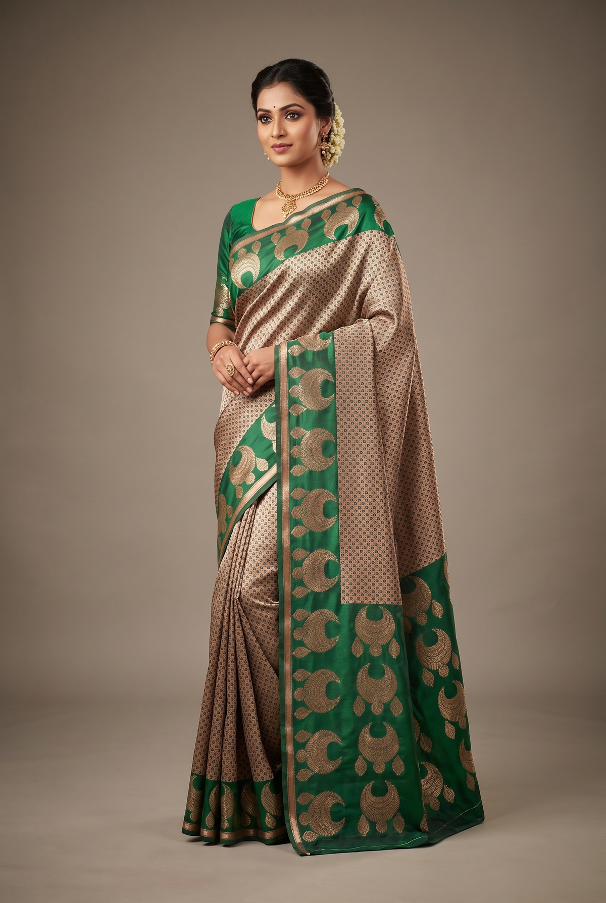 Dark Green Semi Silk Saree with Jhumka Weaving in Pallu and Border, Includes Blouse