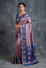 Navy Blue Semi Silk Saree with Jhumka Motif Pallu and Border, Comes with Blouse