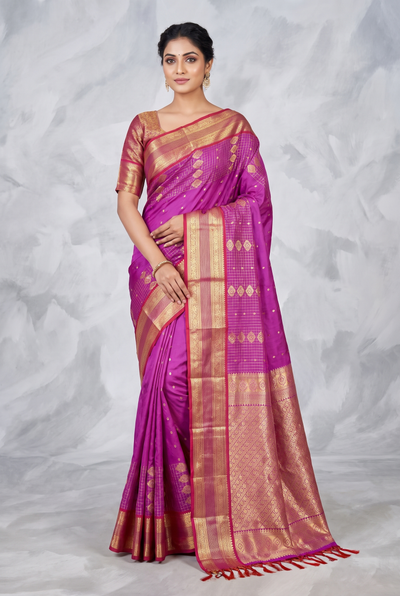 Violet Pure Silk Saree with Heavy Pallu Border and Matching Blouse