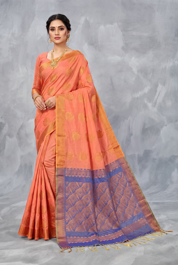 Peach Semi Soft Silk Saree with Gold Zari Buttas and Traditional Floral Border with Blouse