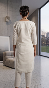 White Roman Silk Kurti with Pant & Organza Digital Dupatta - Zari Sequence Neck Design, 3-Piece Set